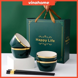 Bộ 6 Bát Sứ xanh Viền Mạ Vàng Set 6 Bát Sứ xanh cổ vịt bộ 6 bát ăn cơm mạ vàng chén ăn cơm sứ viền vàng cao cấp
