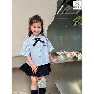 Bộ Melisa áo sơ mi xanh kèm nơ bé gái