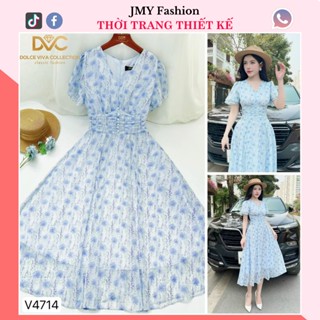  V4714 váy hoa nhí xòe cổ V dáng dài công sở  Dolce Viva Colection  DVC   đầm voan xanh xòe nhún eo thiết kế sang chảnh 