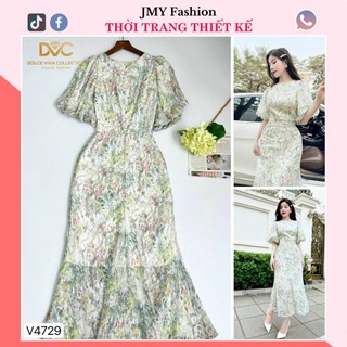 V4729 Đầm voan hoa nhí đuôi cá dài sang chảnh váy hoa nhí tay chuông thiết kế dự tiệc