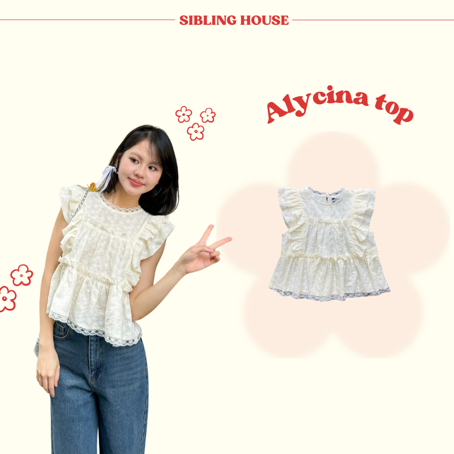 [Voucher Extra]Áo babydoll cổ phối bèo tay áo cánh tiên dễ thương lai áo phối bèo ren Alycina Top-Sibling House