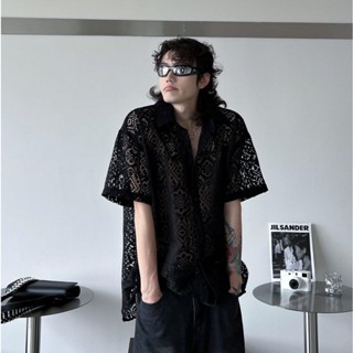 Áo sơ mi ren lưới nam xuyên thấu IRIS Kem/Đen