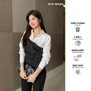 Áo sơ mi kiểu GYOMADE® phối hoạ tiết đen sọc trắng công sở