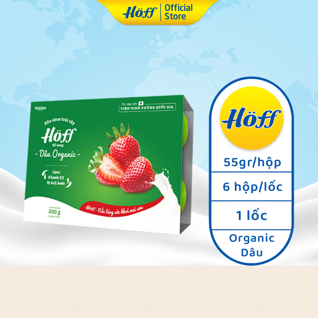 Sữa chua trẻ em Hoff ORGANIC vị dâu cho bé ăn dặm bổ sung vitamin D3 18 loại axit amin, 1 lốc (6 hộp x 55g)