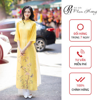 Áo dài Mai Như vàng, áo dài truyền thống màu kem cổ hai phân, áo dài 4 tà chất tơ organza Áo dài Phạm Hương