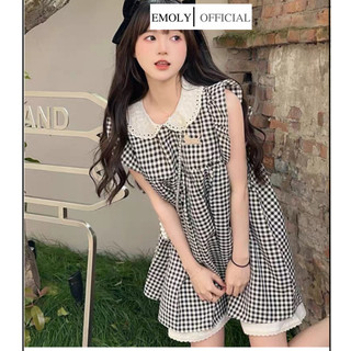 Váy babydoll dáng xòe phối cổ bèo họa tiết kẻ caro trắng đen tiểu thư đáng yêu thời trang cho nữ