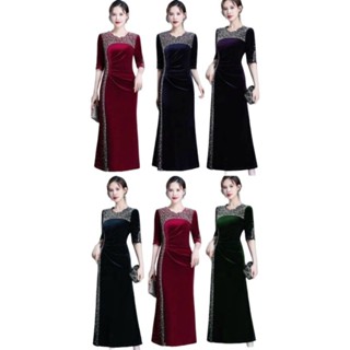  Đầm dự tiệc trung niên dạ hội sang trọng cho mẹ vải nhung ép đá cao cấp Đầm dạ hội trung niên dự tiệc đuôi cá vải nhung 