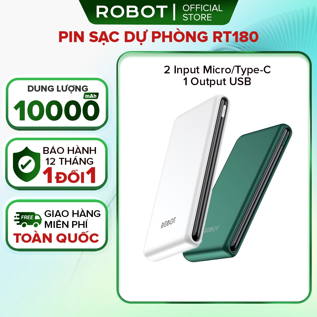 Pin Sạc Dự Phòng 10000mAh ROBOT RT180 1 Cổng Sạc Ra USB & 2 Cổng Sạc Vào Micro/Type-C