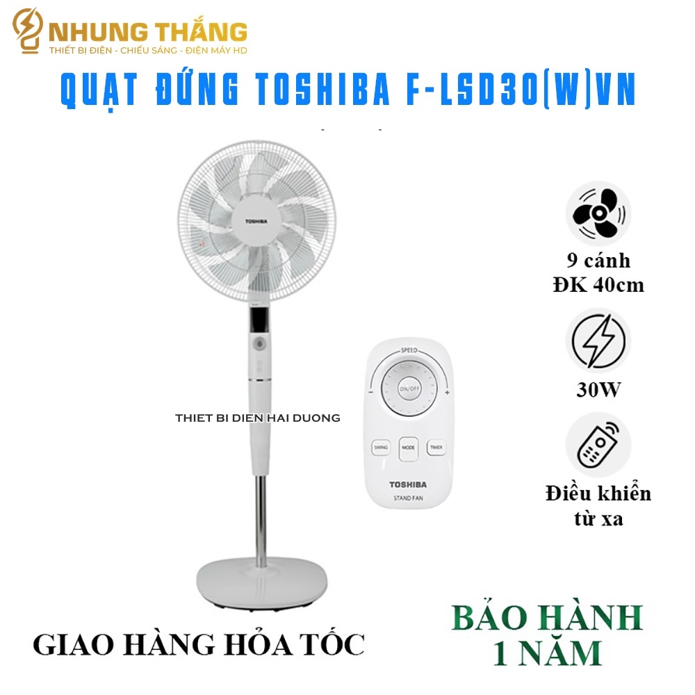 Quạt Cây Đứng Toshiba F-LSD30(W)VN 30W - Điều Khiển Từ Xa - 9 Cánh Quạt - Hàng Chính Hãng - Bảo Hành 12 Tháng