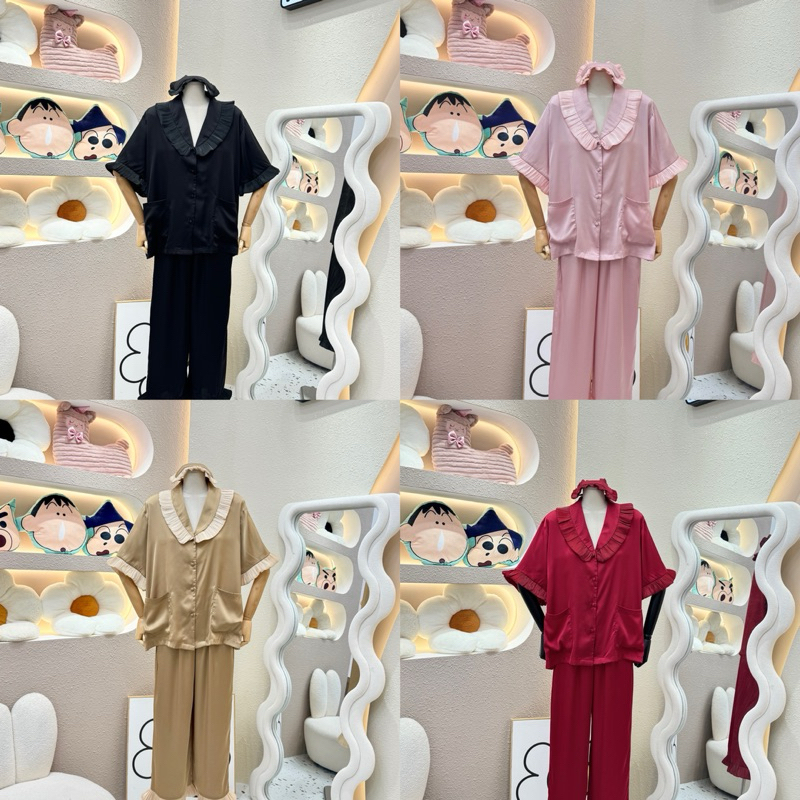 BỘ PIJAMA lMONYBEAR HN QUẦN DÀI, ÁO TAY THƯỜNG CỔ BẦU PHỐI BÈO - LỤA SATIN - MÀU BASIC KÈM BỊT MẮT PHỐI BÈO (45-75kg)