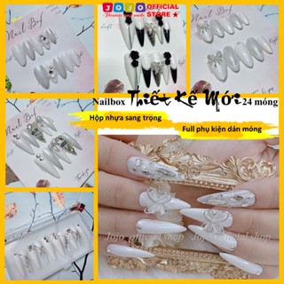 [SẴN HÀNG] Set 24 móng tay giả,móng thiết kế  thủ công ,nail box đính đá màu đen trắng cá tính kèm keo tự gắn