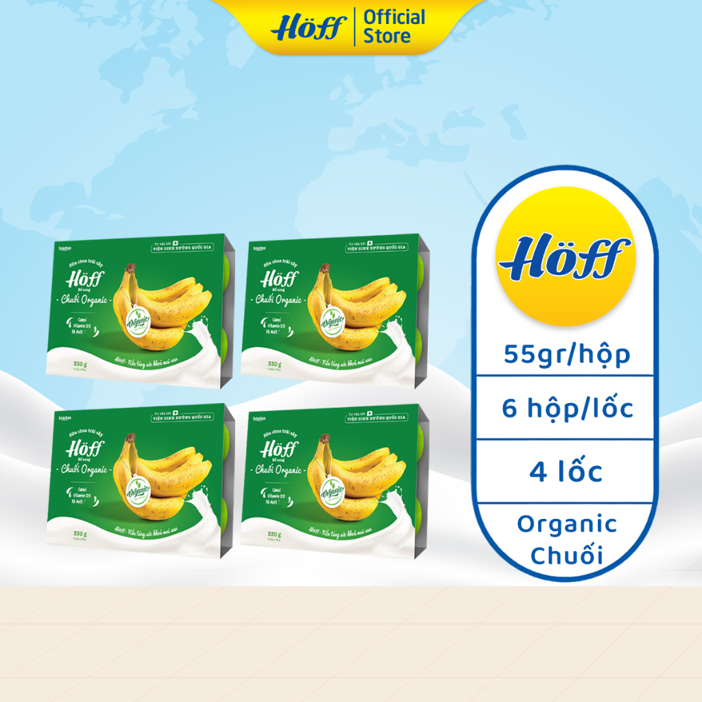 Combo 4 Sữa chua trẻ em Hoff ORGANIC vị chuối cho bé ăn dặm bổ sung vitamin D3 18 loại axit amin,  lốc (24 hộp x 55g)