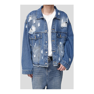 Áo Khoác Jeans From Rộng Dáng Crop, Màu Wash Phối Xé Rách