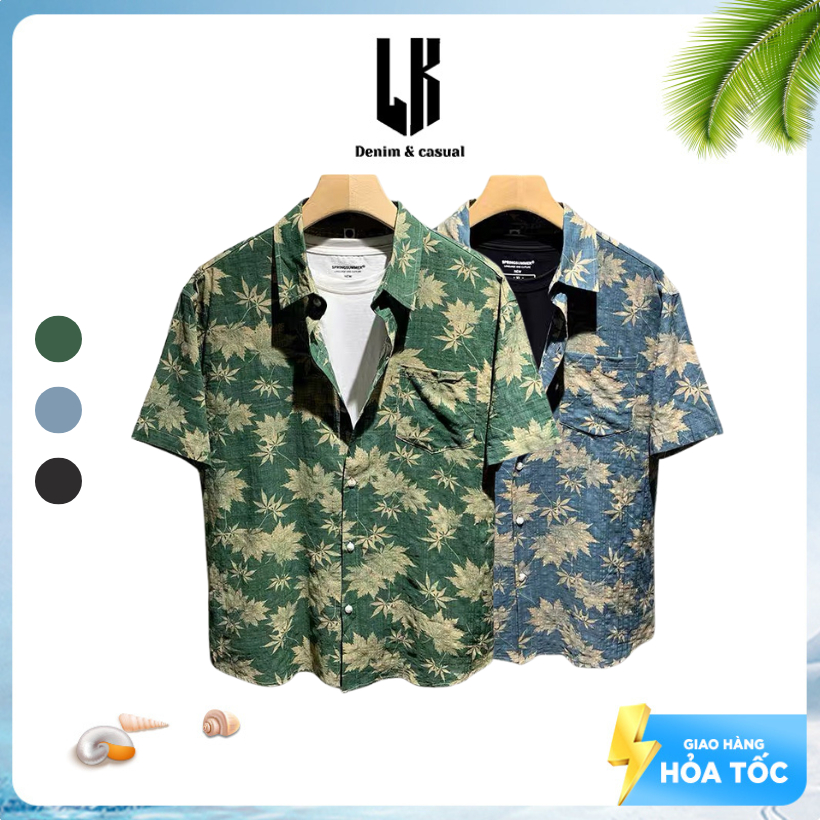 Áo Sơ Mi LK Denim Mùa Hè Vải Đũi Đẹp Mát Hoạ Tiết Hoa Lá Mặc Đi Biển Đi Chơi, Mua 2 tặng 1 kính thời