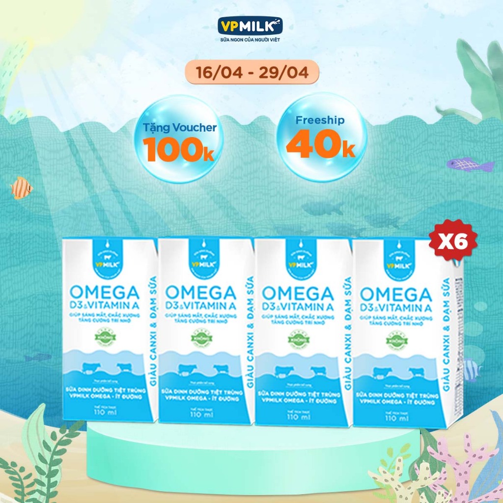 [Combo 6 lốc] Sữa Dinh Dưỡng Tiệt Trùng VPMilk Omega Ít Đường dạng hộp cho bé 110ml (4 hộp x 6)