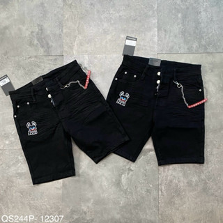  Quần short bò ngố nam DSQ đen trơn dập nhăn 3D đùi phối thêu chó icon đùi phối dây xích chéo 