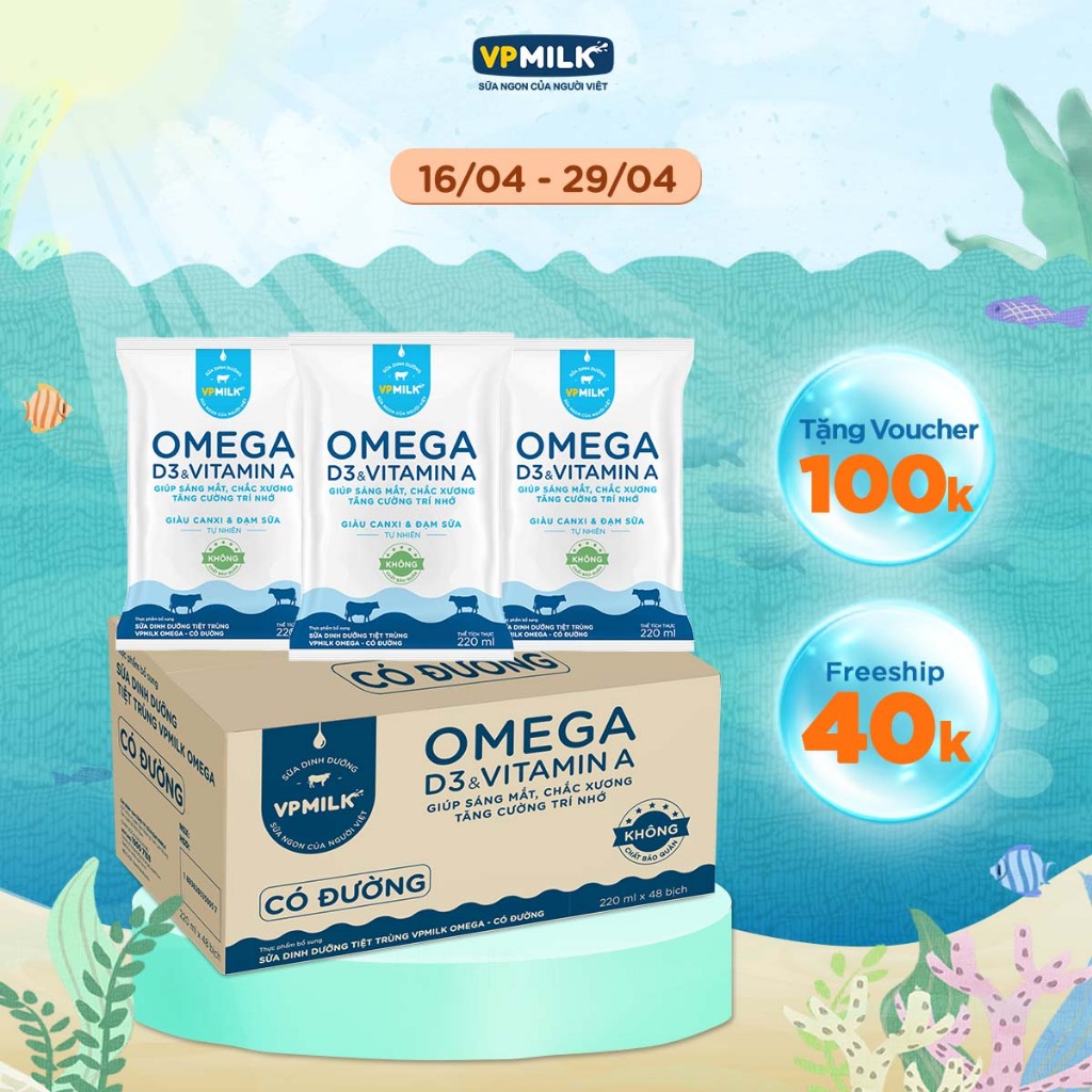 [CHỈ GIAO 2 GIỜ TẠI TP. Hồ Chí Minh] Sữa dinh dưỡng tiệt trùng VPMilk Omega bịch 220ml (thùng 48 bịch)