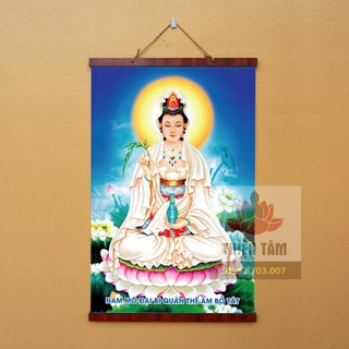 Tranh Quan Âm Bồ Tát nẹp gỗ 40x60cm treo tường chất liệu vải phủ bóng cao cấp dày dặn
