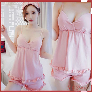 Set bộ ngủ nữ cao cấp 2 dây viền bèo áo có mút ngực