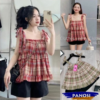 Sét Áo 2 dây kẻ carô kiểu dáng babydoll kèm quần short đen mềm mát