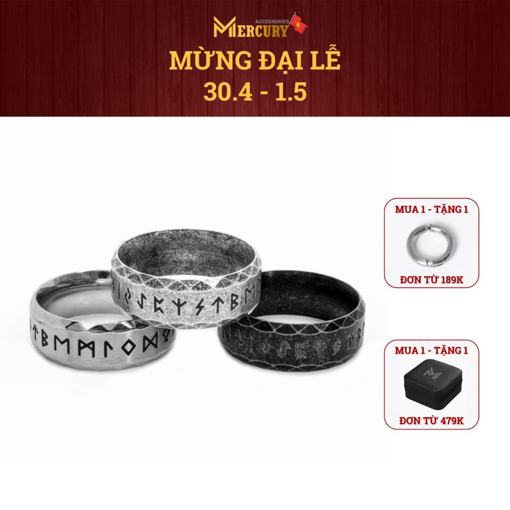 Nhẫn nam Mercury Rune Viking V1 -Trang sức, phụ kiện đeo tay thời trang - Thiết kế họa tiết Cổ ngữ Rune, Basic