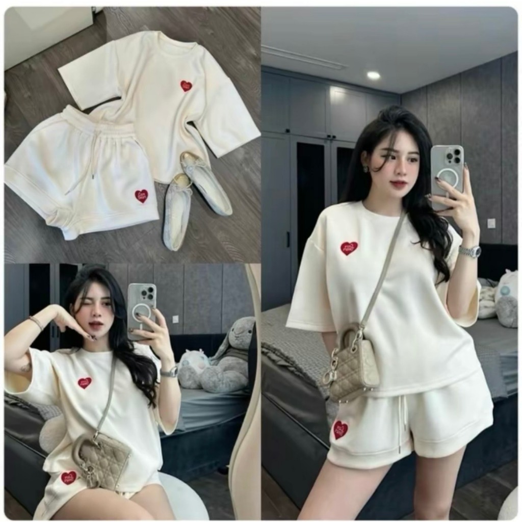 Set Bộ Đồ Đùi Cổ Tròn Cộc Tay Thêu Hình Họa Tiết Trái Tim Nổi Chất Cotton Mặc Hằng Ngày Thoải Mái | BigBuy360 - bigbuy360.vn