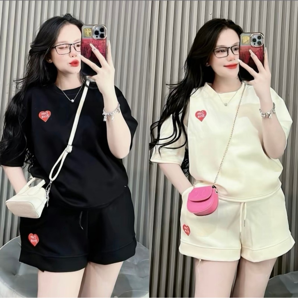 Set Bộ Đồ Đùi Cổ Tròn Cộc Tay Thêu Hình Họa Tiết Trái Tim Nổi Chất Cotton Mặc Hằng Ngày Thoải Mái | BigBuy360 - bigbuy360.vn