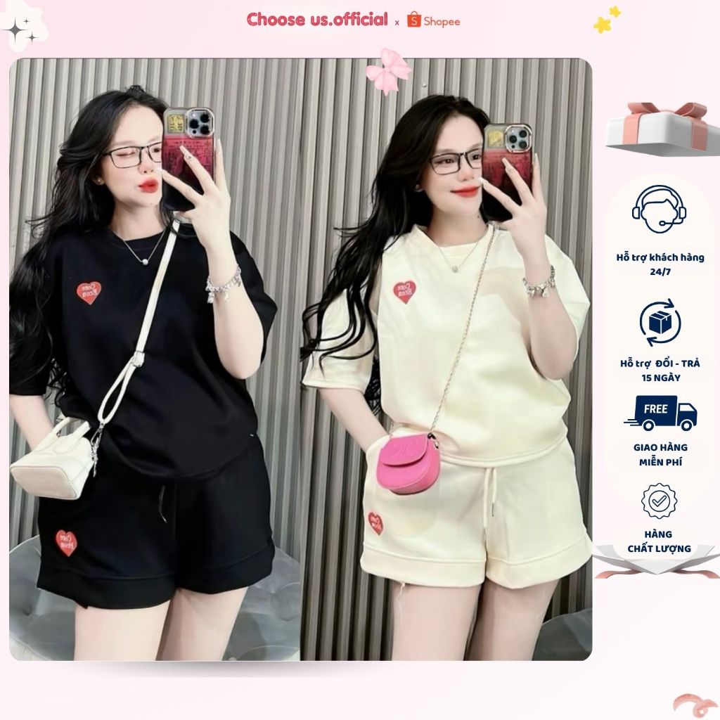 Set Bộ Đồ Đùi Cổ Tròn Cộc Tay Thêu Hình Họa Tiết Trái Tim Nổi Chất Cotton Mặc Hằng Ngày Thoải Mái | BigBuy360 - bigbuy360.vn