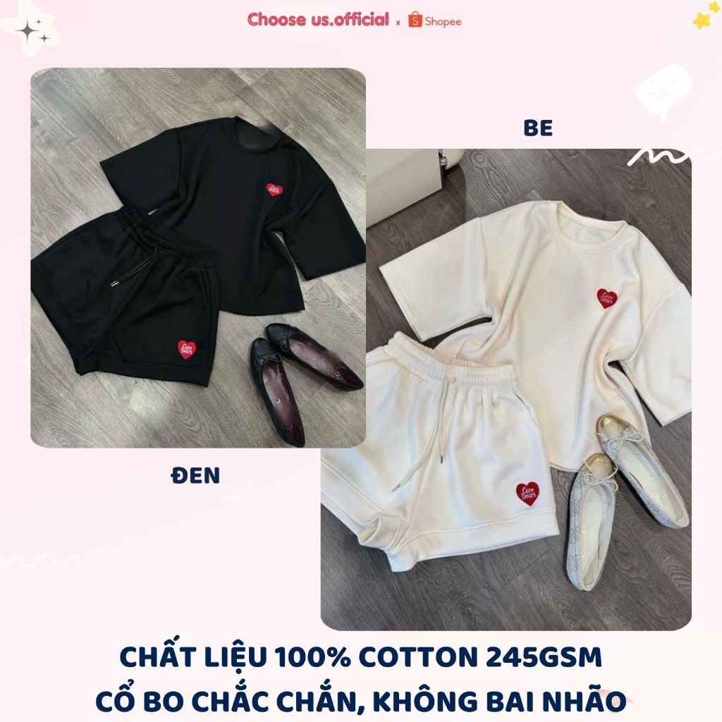 Set Bộ Đồ Đùi Cổ Tròn Cộc Tay Thêu Hình Họa Tiết Trái Tim Nổi Chất Cotton Mặc Hằng Ngày Thoải Mái | BigBuy360 - bigbuy360.vn