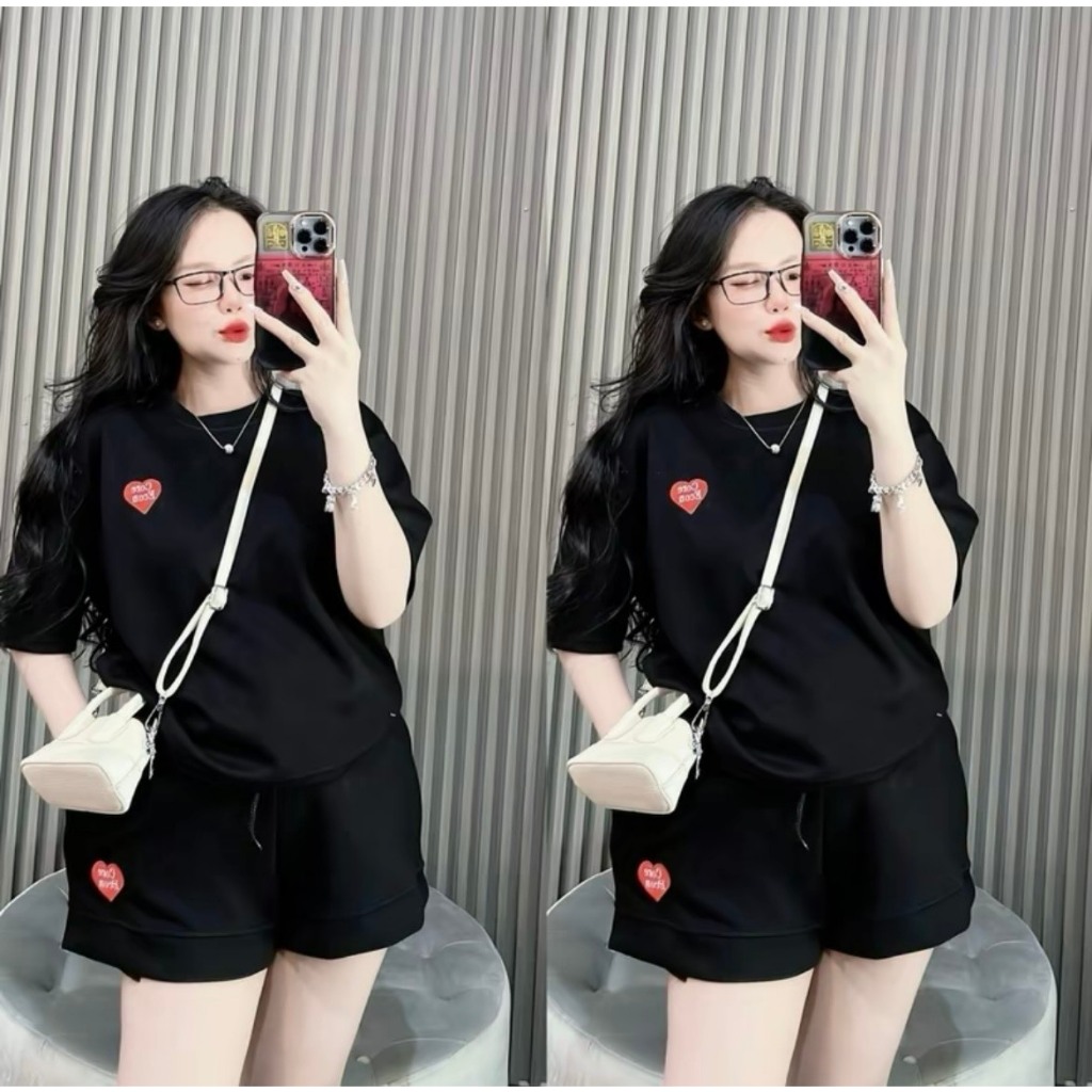 Set Bộ Đồ Đùi Cổ Tròn Cộc Tay Thêu Hình Họa Tiết Trái Tim Nổi Chất Cotton Mặc Hằng Ngày Thoải Mái | BigBuy360 - bigbuy360.vn