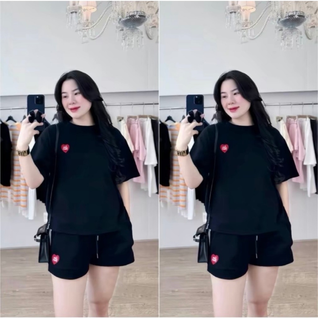 Set Bộ Đồ Đùi Cổ Tròn Cộc Tay Thêu Hình Họa Tiết Trái Tim Nổi Chất Cotton Mặc Hằng Ngày Thoải Mái | BigBuy360 - bigbuy360.vn