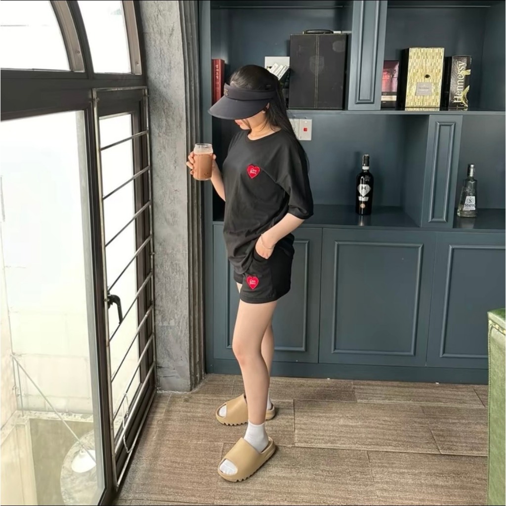 Set Bộ Đồ Đùi Cổ Tròn Cộc Tay Thêu Hình Họa Tiết Trái Tim Nổi Chất Cotton Mặc Hằng Ngày Thoải Mái | BigBuy360 - bigbuy360.vn