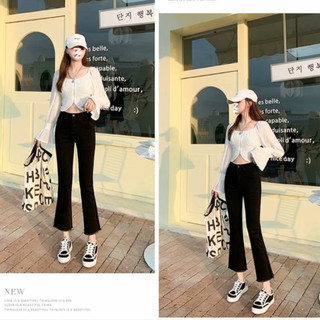 Quần Jean Ống Loe Nữ Cạp Cao , Quần Tây Âu Chất Vải Bò Xước Co Giãn Lưng Cao Màu Đen Dễ Phối Phong Cách Hàn Quốc-SK