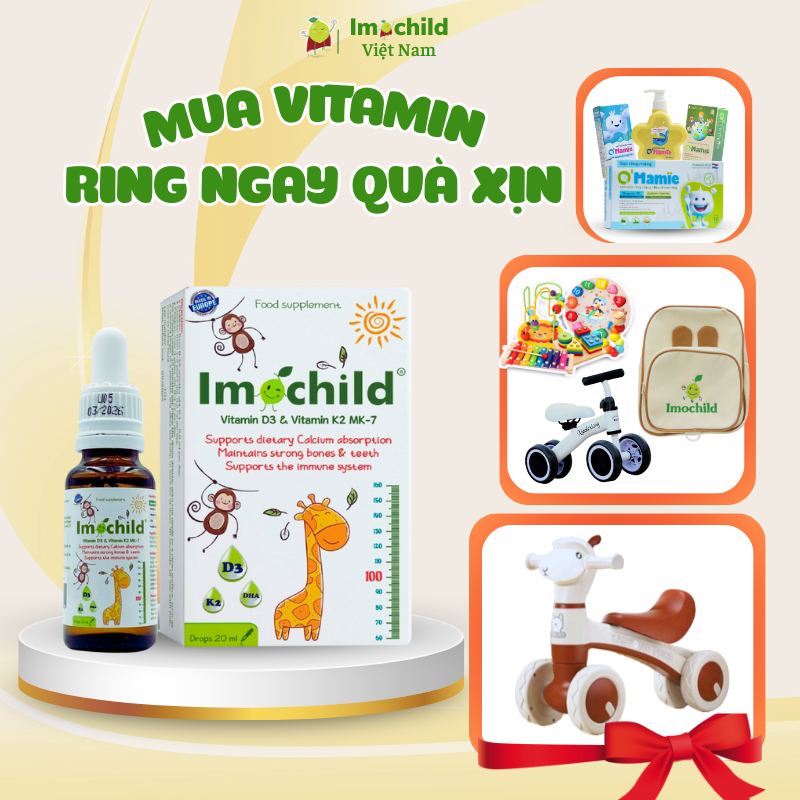 D3K2 cho trẻ sơ sinh, Vitamin D3 K2 Mk7 Hỗ Trợ Phát Triển Chiều Cao Cho Bé - D3 K2 IMOCHILD Lọ 20ml