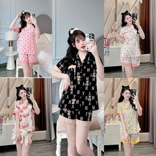 Bộ đồ mặc nhà nữ cổ phối hoạ tiết tay cộc quần đùi chất lụa mango freesize 40-60kg - Chun's sleepwear