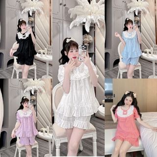 Bộ mặc nhà nữ tay ngắn quần đùi cổ phối ren tiểu thư chất thô boil freesize 40-60kg - Chun's sleepwear