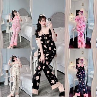 Bộ pijama bộ mặc nhà cổ 2 lá tay ngăn quần dài chất lụa mango freesize 40-60kg Thiết Kế Chun's Sleepwear