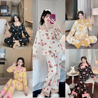 Bộ pijama set bộ mặc nhà cổ sen tay dài quần dài chất lụa mango mịn mát freesize 40-60kg - chun's sleepwear