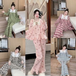Đồ Bộ mặc nhà nữ tiểu thư tay dài quần dài kẻ caro chất đũi pha nhung ren freesize 45-65kg - Chun's sleepwear