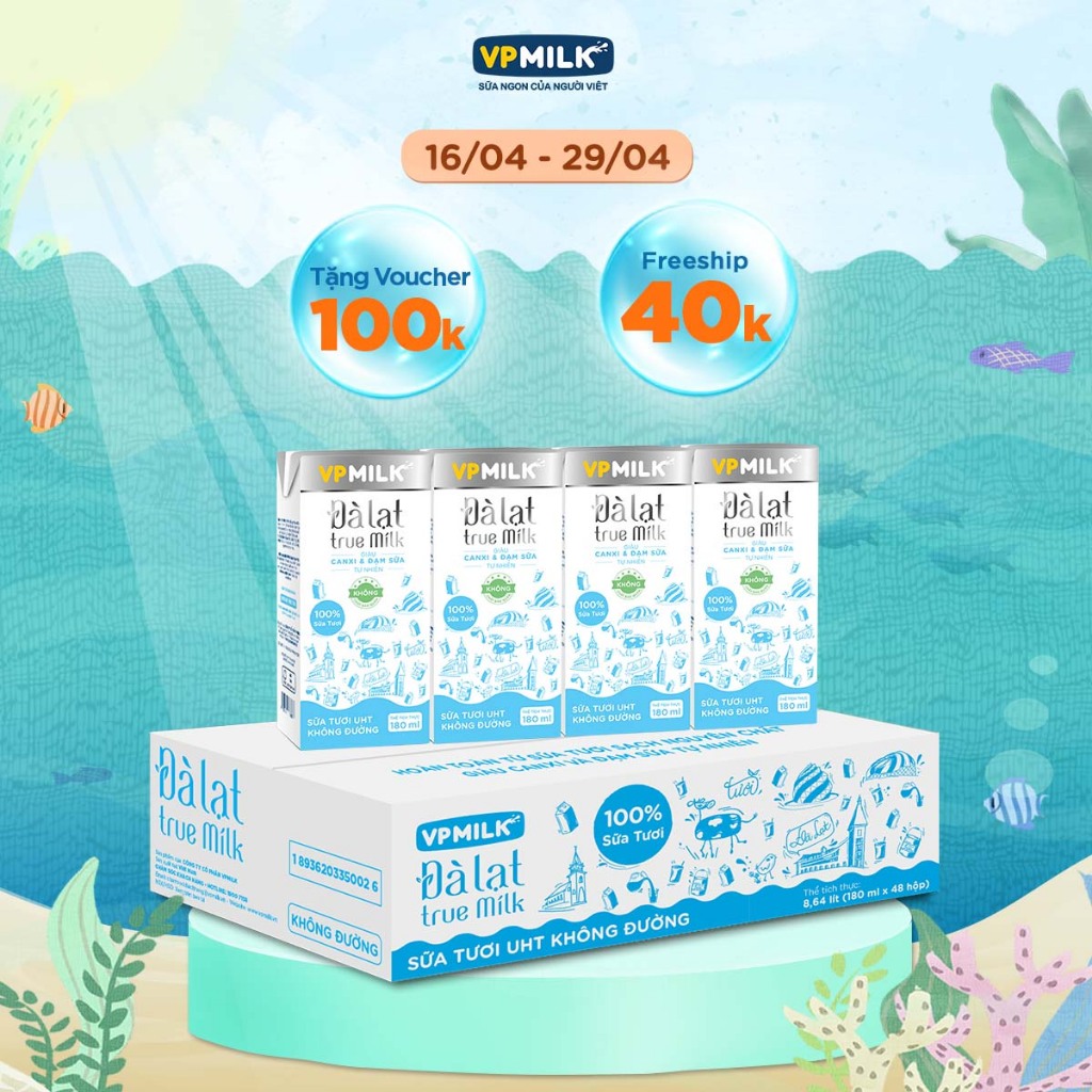Sữa tươi UHT Đà Lạt True Milk VPMilk không đường hộp 180ml (thùng 48 hộp)