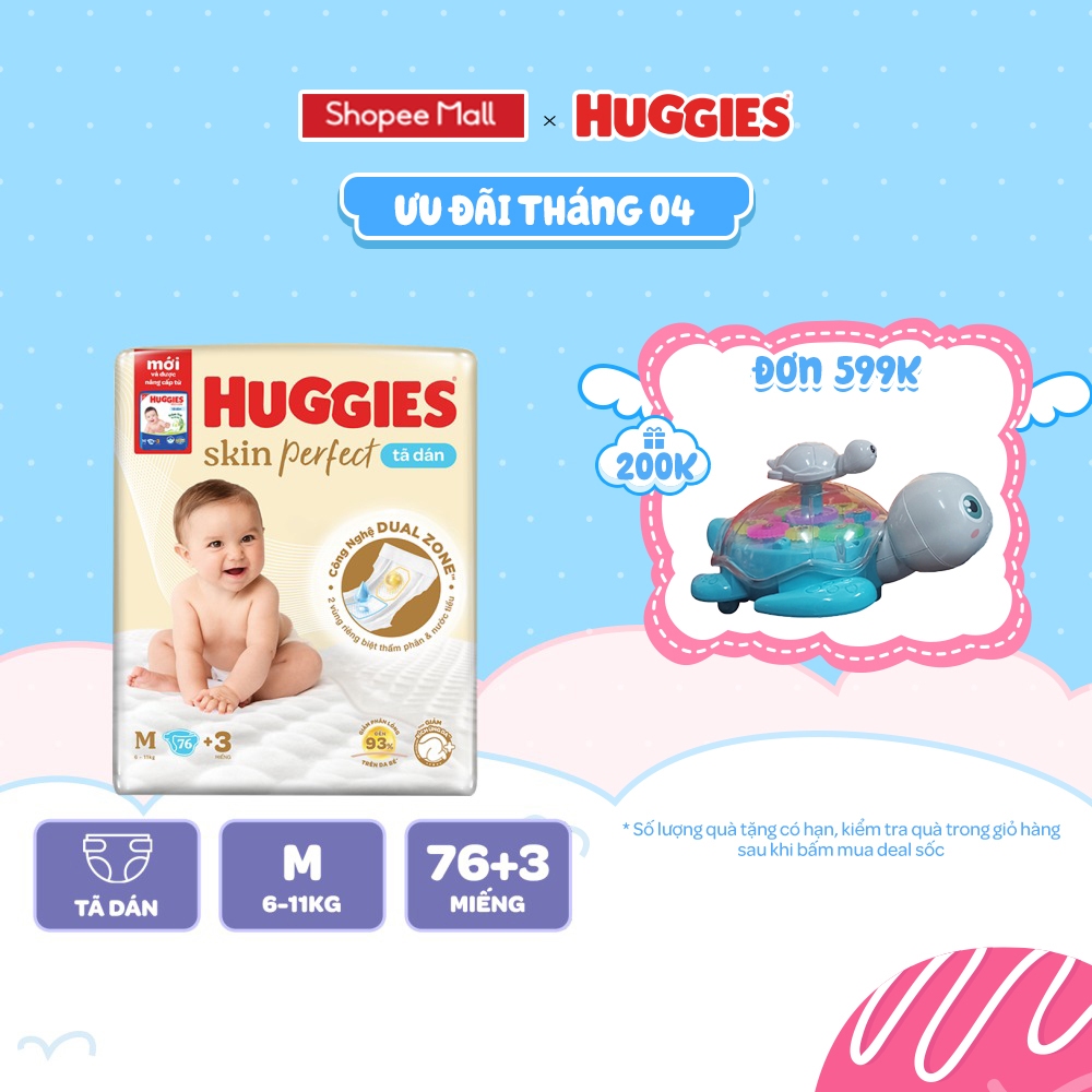 Tã/Bỉm Dán Sơ sinh Huggies Skincare Super Jumbo M76+3/L68/XL60/XXL54