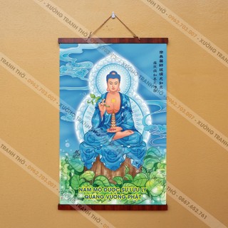 Tranh Phật Dược Sư nẹp gỗ 40x60cm treo tường bằng vải cao cấp dày dặn.