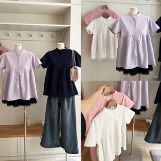 Áo sơ mi kiểu nữ, Áo sơ mi babydoll cộc tay cổ tàu Lizin màu pastel xinh xắn