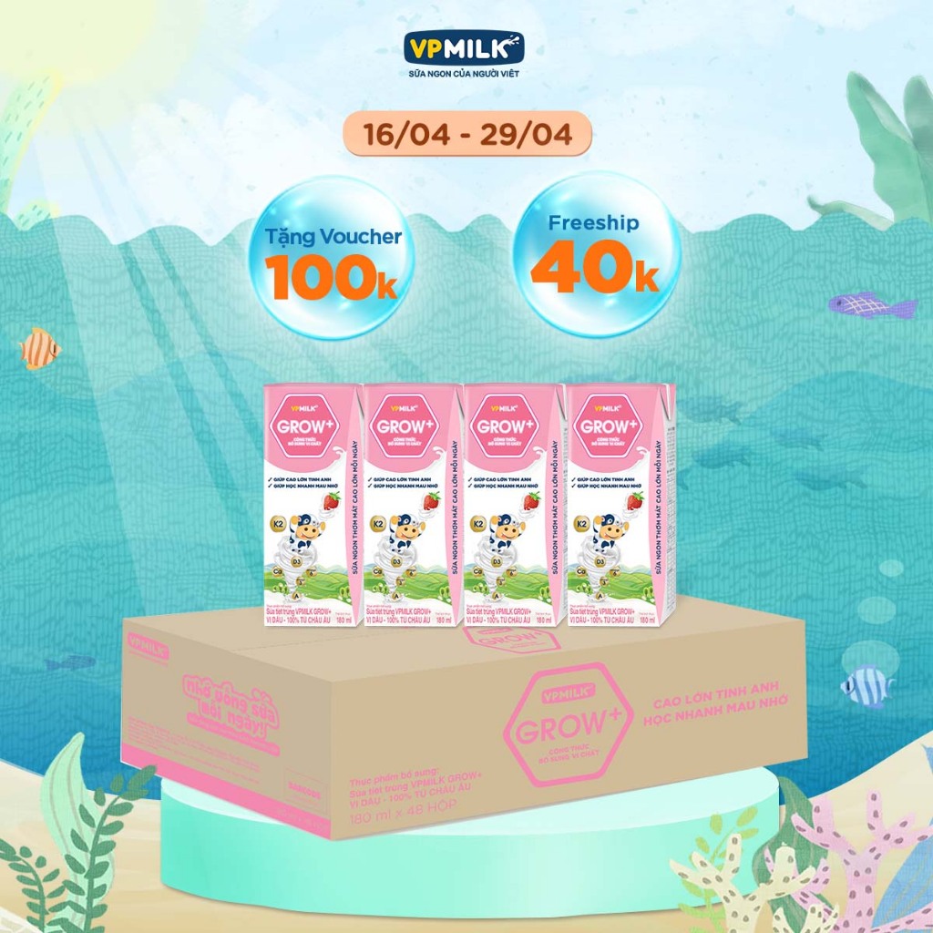 Sữa tiệt trùng VPMilk Grow+ vị dâu 180ml (thùng 48 hộp)