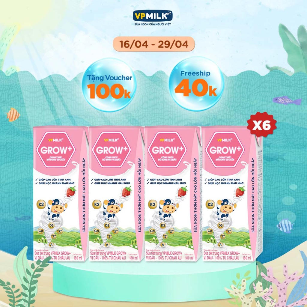 [Combo 6 lốc] sữa tiệt trùng VPMilk Grow+ vị dâu 180ml (lốc 4 hộp x 6)