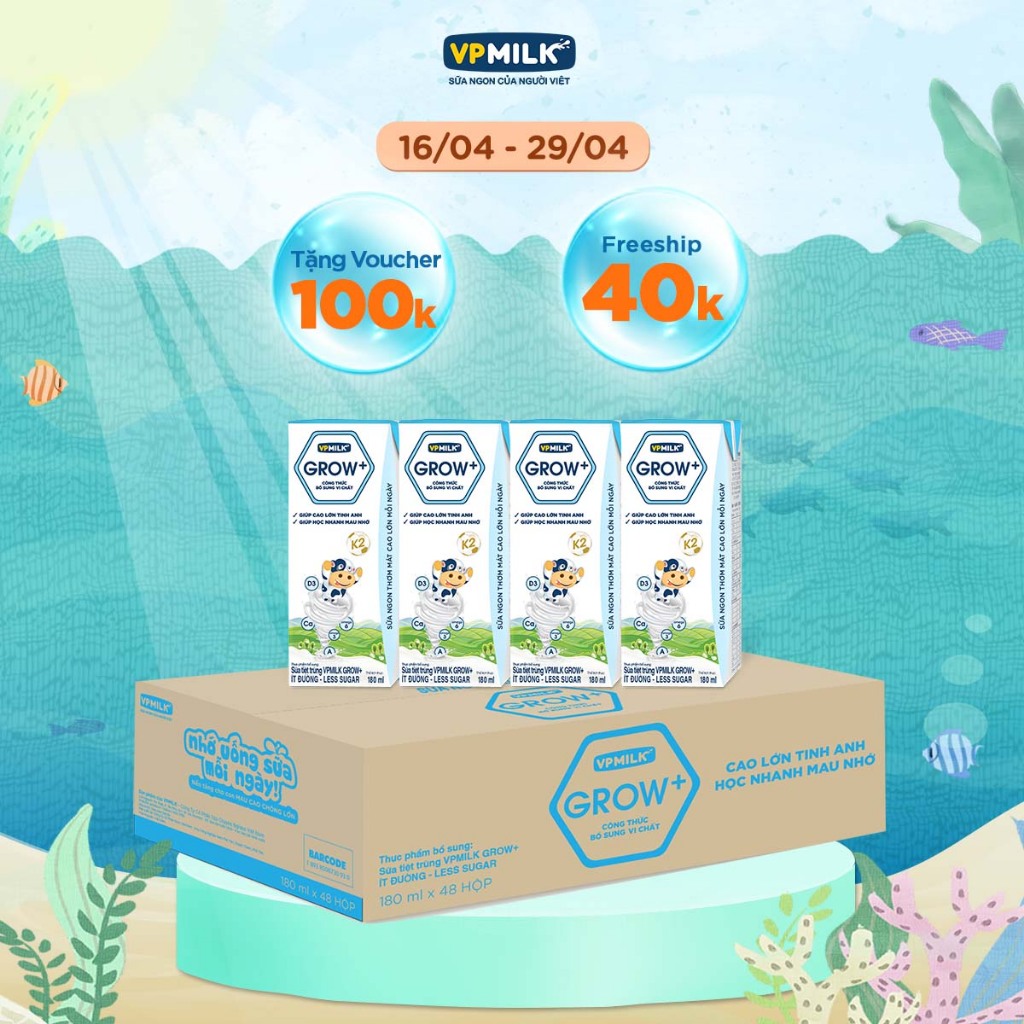 Sữa tiệt trùng VPMilk Grow+ hộp 180ml (thùng 48 hộp)