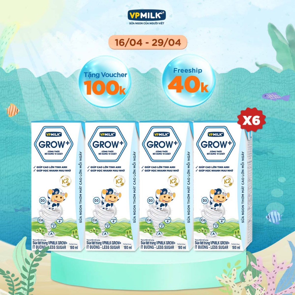 [Combo 6 lốc] sữa tươi tiệt trùng VPMilk Grow+ ít đường 180ml (lốc 4 hộp x 6)