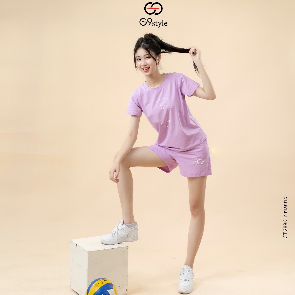 Bộ đồ nữ G9 Style 011 họa tiết mặt trăng mặt trời dáng thể thao áo cộc quần đùi vải cotton thoáng mát