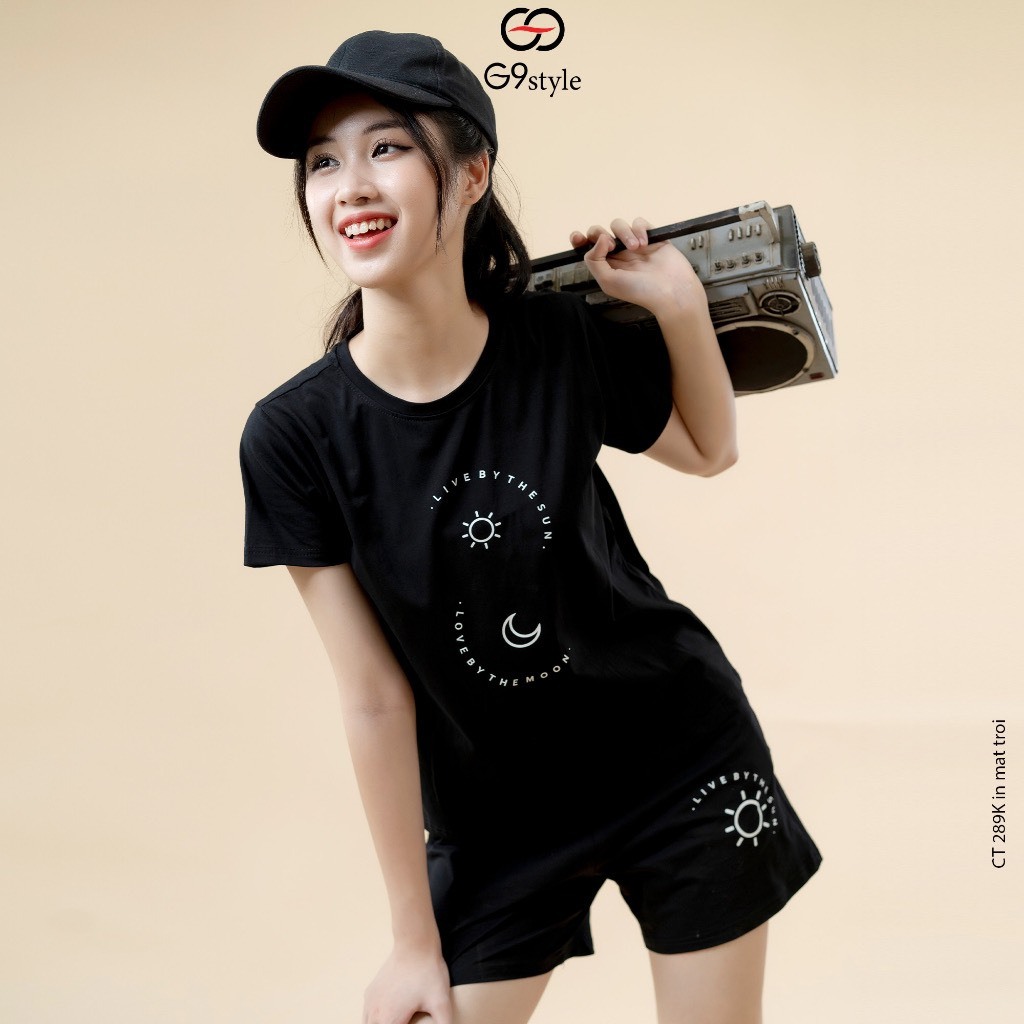Bộ đồ nữ G9 Style 011 họa tiết mặt trăng mặt trời dáng thể thao áo cộc quần đùi vải cotton thoáng mát