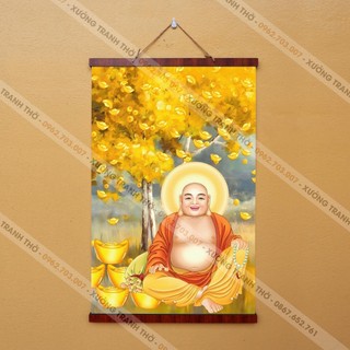 Tranh Phật Di Lặc nẹp gỗ 40x60cm treo tường bằng vải phủ bóng cao cấp dày dặn.